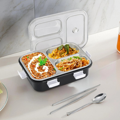 KUBER INDUSTRIES 750 ML Steel 3 Compartment| Spoon & Pair of Chopsticks | Black 1 Containers Lunch Box(750 ml, Thermoware)