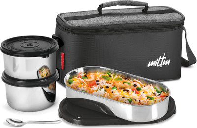 MILTON Steel Smart 2Round Inner Steel 500ml each & Oval container 675ml, Spoon With Bag 3 Containers Lunch Box(500 ml)