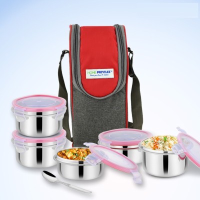HomePrivilez Stainless Steel Air Tight and Leak Proof Lunchbox with Insulated Bag Pack 5 Containers Lunch Box(350 ml)