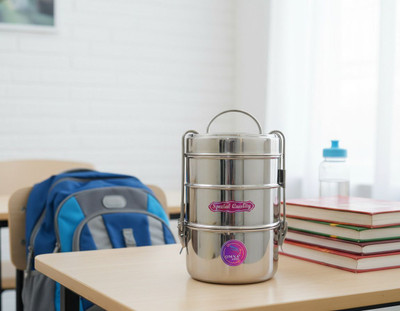 OMNA STEEL Stainless Steel Tiffin 8x3 | 3 Tier Lunch Box with Secure Lock & Compact Design 6 Containers Lunch Box(310 ml)