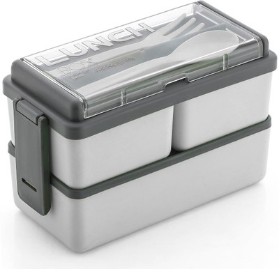 DDecora Compartment Grey Color with Spoon and Fork Office School 3 Containers Lunch Box(1500 ml)