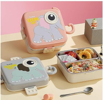 Nabhya Elephant Design 3 Compartment, Stainless Steel, Lunch Box for Kids 2 Containers Lunch Box(1190 ml)