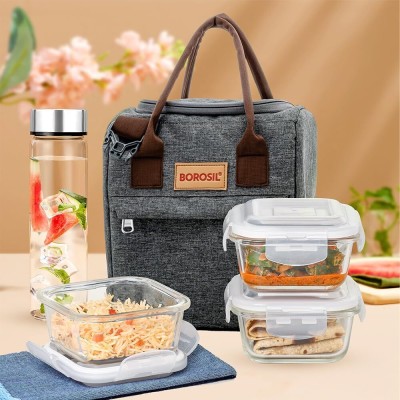 BOROSIL Gourmet Lunchbox, 3 pc Set (320ml Each) + 1 (550ml) Glass Bottle, Leakproof 3 Containers Lunch Box(960 ml)