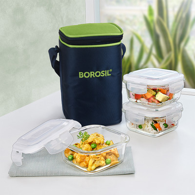 BOROSIL Green Lunch Box Set of 3 (320 ml Each) Square, Microwave Safe Office Tiffin 3 Containers Lunch Box(960 ml)