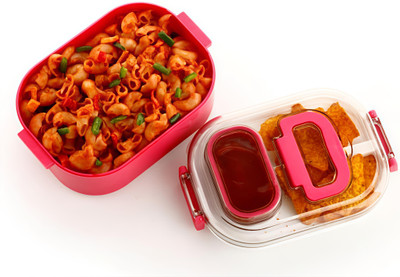 Garu Plastic Mighty Lunch Box with Multiple Compartments and Stylish Anti Spill Lid & 1 Spoon 2 Containers Lunch Box(1000 ml)