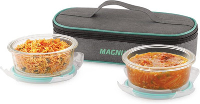 Magnus Vivid Glass Lunch Box with Flat Linen Pouch and Fixed Clip 2 Containers Lunch Box(800 ml)