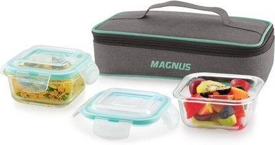 Magnus Vivid Glass Lunch Box with Flat Linen Pouch and Fixed Clip 2 Containers Lunch Box(640 ml)