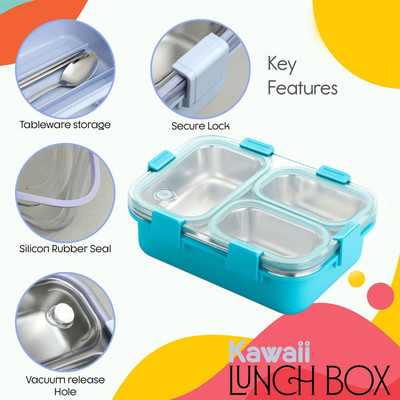 VSELL Lunch Box 3 Compartment Leak-Proof BPA Free Steel Lunch Box with Spoon & Fork 3 Containers Lunch Box(750 ml, Thermoware)
