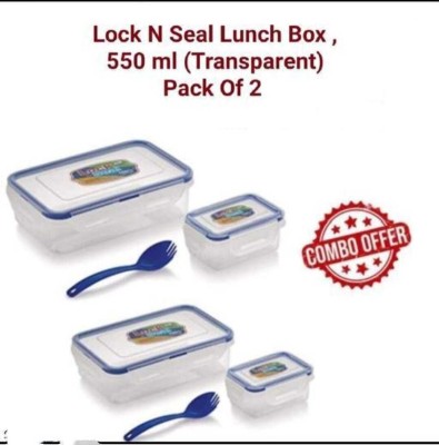 GMH Plastic Lock N Seal 550ml Lunch Box with Free 100ml Box & Spoon, Transparent. 2 Containers Lunch Box(550 ml)