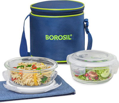 BOROSIL Klip-n-Store Lunch Box with Bag, 2 Pc (400ml x 2), Vertical Round Office Tiffin 2 Containers Lunch Box(400 ml)