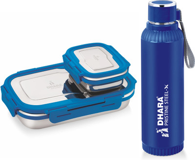 Dhara Stainless Steel Quench 700 ml Water Bottle + Blaze Tifin Box 900ml and 200ml, (Blue) 2 Containers Lunch Box(1100 ml)