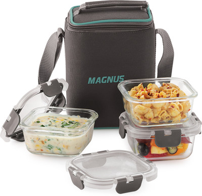 Magnus Glock Solid Glass Lunch Box with Vertical Pouch and Detachable Clip 3 Containers Lunch Box(960 ml)