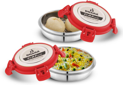 Dhara Stainless Steel FIT-N-FRESH Tiffin with 4 Side Lock Lid 2 Containers Lunch Box(400 ml)