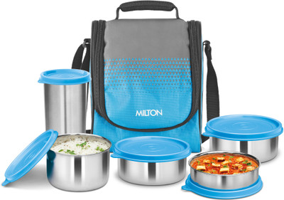 MILTON Tasty 4 Stainless Steel Lunch Box (4 Containers and 1 Tumbler), 530 ml, Cyan 4 Containers Lunch Box(1340 ml)