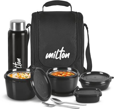 MILTON Pro Lunch Box (3 Containers, 1 Chutney Dabba, 1 Bottle, Spoon, Fork, 1 Jacket) 4 Containers Lunch Box