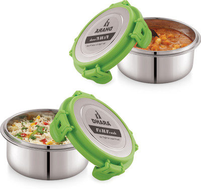 Dhara Stainless Steel FIT-N-FRESH Tiffin with 4 Side Lock Lid 2 Containers Lunch Box(600 ml)