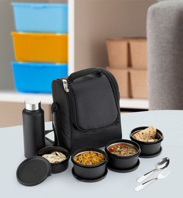 ALTOSA 4 CONTAINER, 1 STEEL BOTTLE AND SPOON SET IN LUNCHBOX IN BLACK WITH BAG 5 Containers Lunch Box(1850 ml)