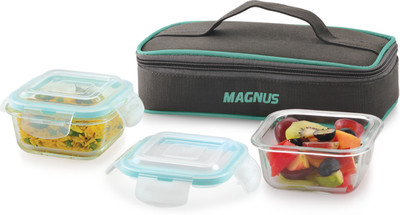 Magnus Vivid Solid Glass with Flat Pouch and Fixed Clip 2 Containers Lunch Box(640 ml)