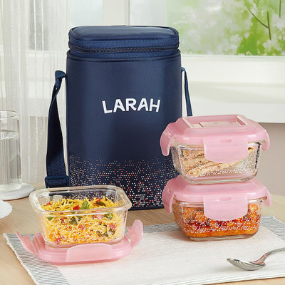 Larah Glassware Speckle Pink Borosilicate Glass Lunchbox, 3pc Square Set (320ml x 3) Tiffin 3 Containers Glass Office Lunch Box(960 ml)