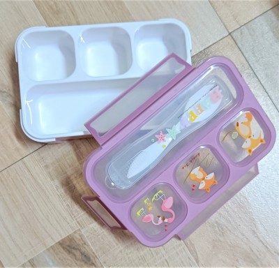 FEBRINA Plastic Small Pink Lunch Box with 4 Compartment and Spork for Kids Or Adults 1 Containers Lunch Box(200 ml, Thermoware)
