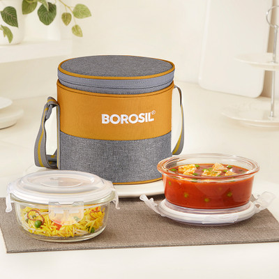 BOROSIL Zest Borosilicate Glass Lunchbox, 2 pc Round Set (400 ml Each), Vertical Tiffin 2 Containers Lunch Box(800 ml)