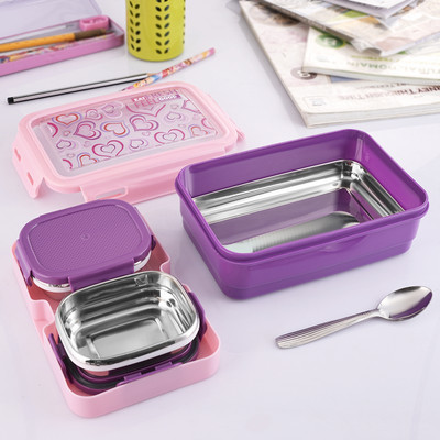 Nabhya School Lunch Box With 1 Bottom Lid, 1 Steel Plate, 2 SS Small & 1 Spoon 4 Containers Lunch Box(1100 ml)