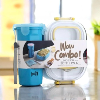 Nurah Combo Lunch Box Set with Airtight Tiffin Box & Leakproof Bottle for Kids (Blue) 3 Containers Lunch Box(800 ml)