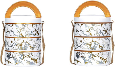DRIZLING Pack Of 2 White Insulated 3 Containers Lunch Box(400 ml)