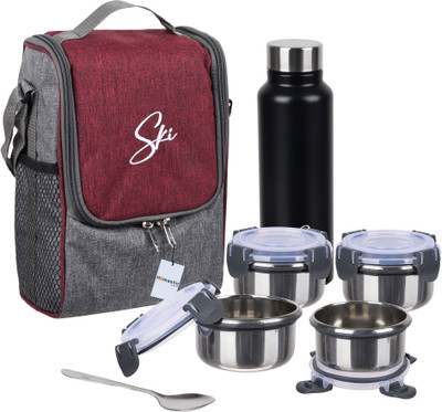SKI Lunch Box Set|4 Containers & Bottle Clip Lock Lunch Box Set|Set of 7|Maroon 7 Containers Lunch Box(750 ml)