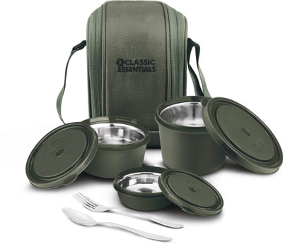 Classic Essentials Suprme Stainless Steel Lunch Box Set with Cutlery & Bag | Microwave Safe 3 Containers Lunch Box(1250 ml, Thermoware)