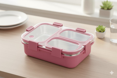 VSELL Stainless Steel Bento Airtight Lunch Box, Secure Lock, Food Separator For Kids 3 Containers Lunch Box(800 ml, Thermoware)