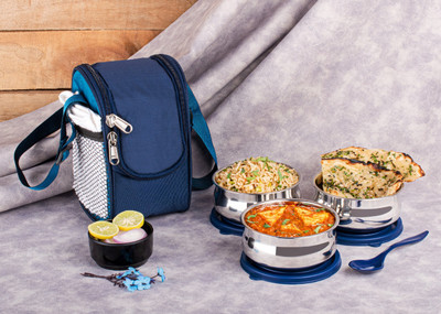 OMORTEX 3 Containers with Airtight Lid Tiffin with Spoon & Bag 3 Containers Lunch Box(300 ml)
