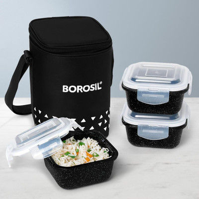 BOROSIL Kube Black Lunchbox, 3pc Square Borosilicate Glass Container Set (320ml) Tiffin 3 Containers Lunch Box(960 ml)