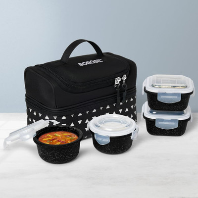 BOROSIL Kube Black Lunchbox 4pc Glass Container Set (320ml Square x 2 + 240ml Round x 2) 4 Containers Lunch Box(1120 ml)
