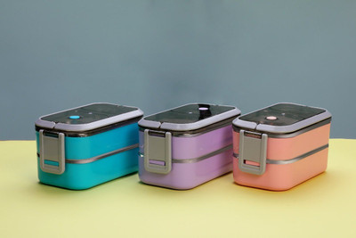 NESTIC Stainless Steel 2 Layer 3 Compartments Lunch Box with Spoon 2 Containers Lunch Box(1100 ml, Thermoware)