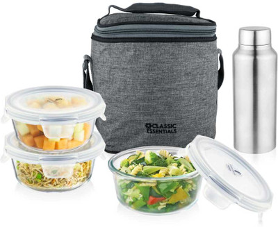 Classic Essentials BOSTON Borosilicate Glass Lunchbox set with Bottle | Round Set (400 ml Each) 3 Containers Lunch Box(1200 ml)
