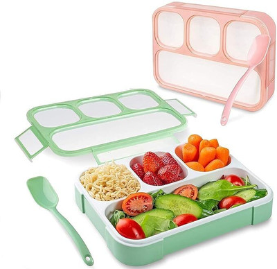 PRAMUKH VARNI Plastic Leak Proof 4 Compartment Lunch Box with Spoon 4 Containers Lunch Box(1 ml)