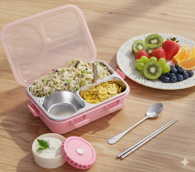 VSELL Stainless Steel Lunch Box with 3 Compartment with Chopsticks & Spoon for Kids 3 Containers Lunch Box(800 ml, Thermoware)