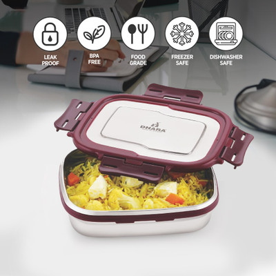 Dhara Stainless Steel Food Grade Rust Proof Blaze Tiffin Box Container With Four Side Clip Lock Maroon 1 Containers Lunch Box(600 ml)