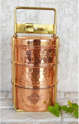 IndianArtVilla Pure Copper with Inside Tin Lining 3 Containers Hammered Design Lunch Box 3 Containers Lunch Box(1800 ml)