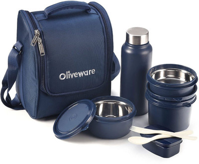 Oliveware Lunch Box with Bottle | Insulated Fabric Bag | 3 Stainless 4 Containers Lunch Box(1470 ml)