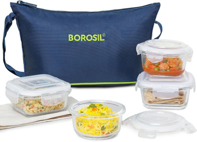 BOROSIL klip N store glass daisy tiffin set of 4(2pc 320ml square, 2pc 240ml round container) 4 Containers Lunch Box(320 ml)
