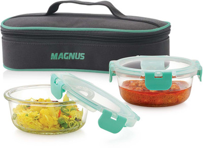 Magnus Glock Solid Glass Lunch Box with Flat Pouch and Detachable Clip 2 Containers Lunch Box(800 ml)
