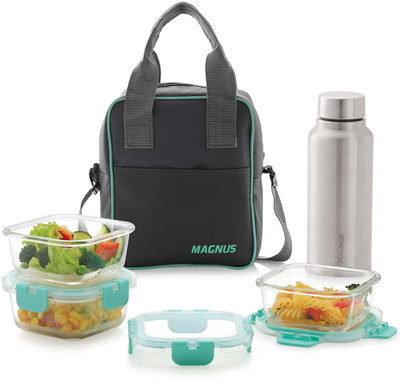 Magnus Glock Solid Glass Lunch Box with Vertical Pouch and Detachable Clip 1 SS Bottle 3 Containers Lunch Box(1660 ml)