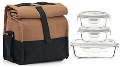 Femora Glass Container Camel Black Lunch Box- Set of 3 Containers Lunch Box(620 ml, Thermoware)