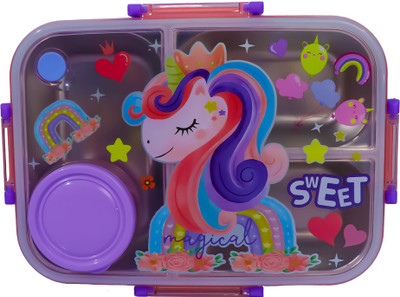 PRETTY KIDDOS Unicorn Theme 800 ML Multi-function 304 Stainless Steel Bento Lunch Box 3 Containers Lunch Box(800 ml, Thermoware)