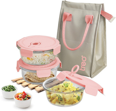 TREO Lumino Fresh Round Borosilicate Glass Lunch Box Set of 3 Peach 400 ml Each & Bag 3 Containers Lunch Box(400 ml)