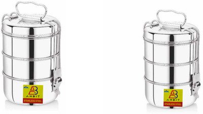 Ambit Stainless Steel 3 Container Lunch Box 8x3 (pack of 2) 1 piece 1500ml 6 Containers Lunch Box(1500 ml)
