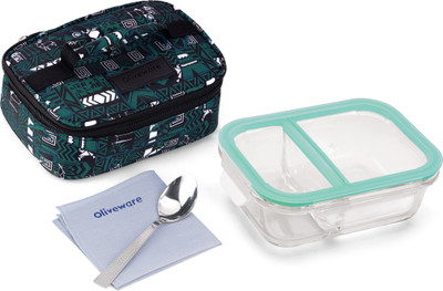 Oliveware Glassware Lunchbox | Two Compartment Borosilicate Glass | Airtight Lids 1 Containers Lunch Box(600 ml)