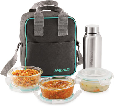 Magnus Vivid Solid Glass with Vertical Pouch and Fixed Clip, 1 SS Bottle 3 Containers Lunch Box(1900 ml)